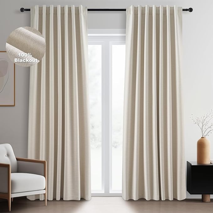Topfinel Beige 90 Inch Thermal Blackout Curtains for Bedroom Window Nursery, Ivory Soundproof Burlap Doorway Curtains Privacy Noise Cancelling Boho Linen Drapes 2 Panels Rod Pocket/Back Tab/Hook Belt