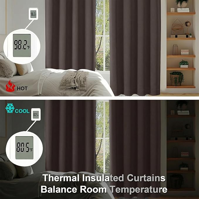 Simplebrand Ava Chocolate Blackout Curtains for Bedroom 63 Inch Length 2 Panels Set, Privacy Thermal Insulated Rod Pocket Door Window Curtains for Patio French Door Front Door, W40 x L63 Inch