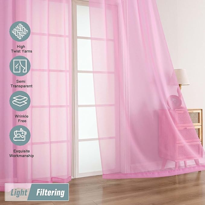 Light Pink Sheer Curtains 90 Inches Long 2 Panels, Light Filtering Solid Sheer Curtains for Bedroom Living Room, Lightweight Soft Airy Voile Sheer Drapes, Dual Rod Pocket, 2x42Wx90L Inches