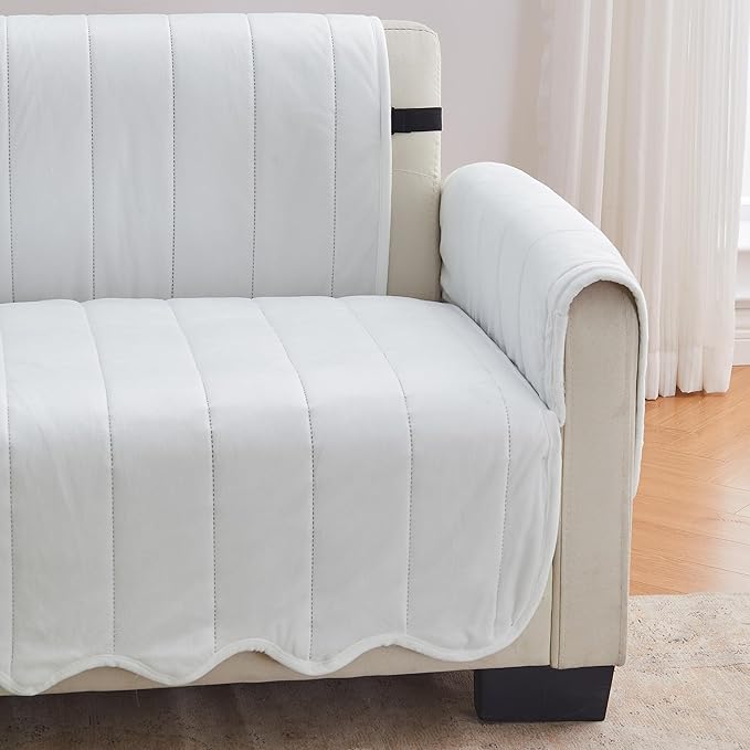 Great Bay Home Velvet Sofa Cover - Washable Slipcover Furniture Protector with Elastic Straps - Furniture Cover for Dogs, Kids, and Pets - Stitched Detail (White)