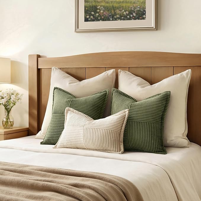 MIULEE Spring Decorative Throw Pillow Covers for Couch Bed Livingroom 20x20 Inch Set of 2 Olive Green Boho Accent Throw Pllows Broadside Striped Patchwork Soft Corduroy Summer Pillowcases