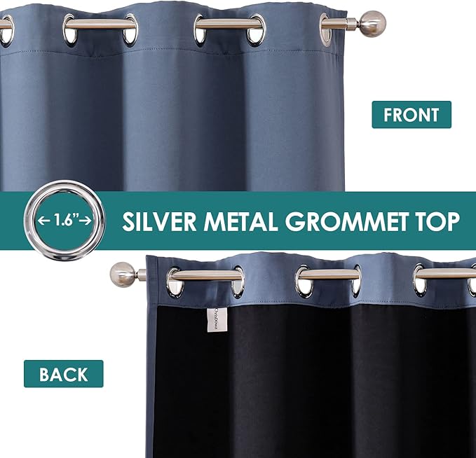 ChrisDowa 100% Blackout Curtains 90 inch Long for Bedroom with Black Liner, 2 Thick Layers Total Blackout Thermal Insulated Grommet Long Window Curtains 2 Panels Set (Stone Blue, 52 x 90 Inch)