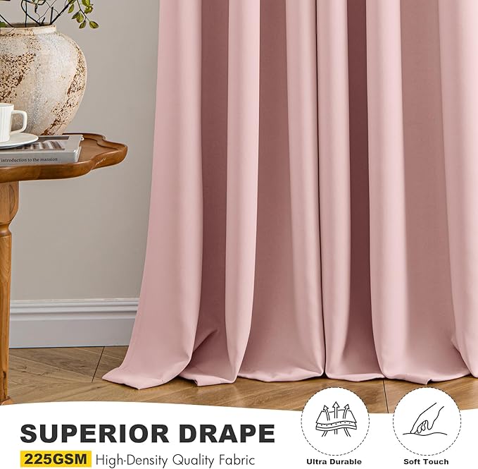 MIULEE Baby Pink Blackout Curtains for Girls Bedroom Living Room 72 Inches Long 2 Panels, Nursery Thermal Insulated Room Darkening Drapes Solid Grommet Top Noise Reducing Curtains, Blush Pink