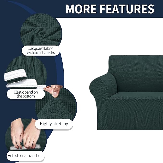 Cupuamon 2026 New Stretch Loveseat Sofa Slipcovers Couch Cover for 2 Cushion Furniture Protector Sofa Covers with Elastic Bottom Jacquard Fabric Small Checks for Pets, Kids - Hunter