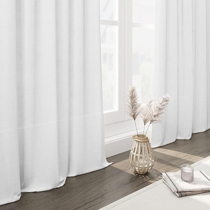 Nanspring Linen White Curtains 45 Inch Length 2 Panels for Kitchen Short Window, Semi Sheer Linen Drapes Modern Light Filtering Back Tab Rod Pocket for Cafe Bathroom 29 X 45