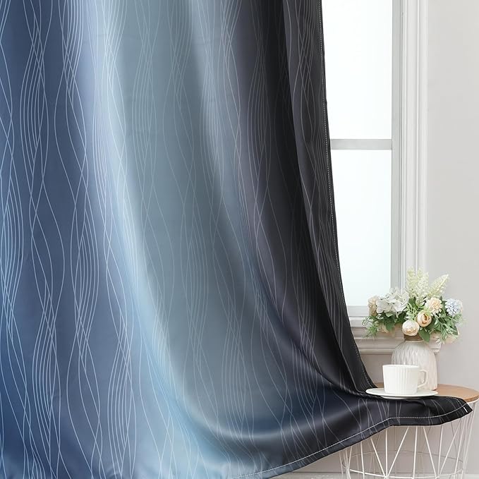 Estelar Textiler Navy Blue and Black Ombre Blackout Curtains 54 Inch Length, Full Light Blocking Gradient Grommet Drapes for Kitchen, Thermal Insulated Curtains for Bedroom, 52Wx54L, 2 Panels