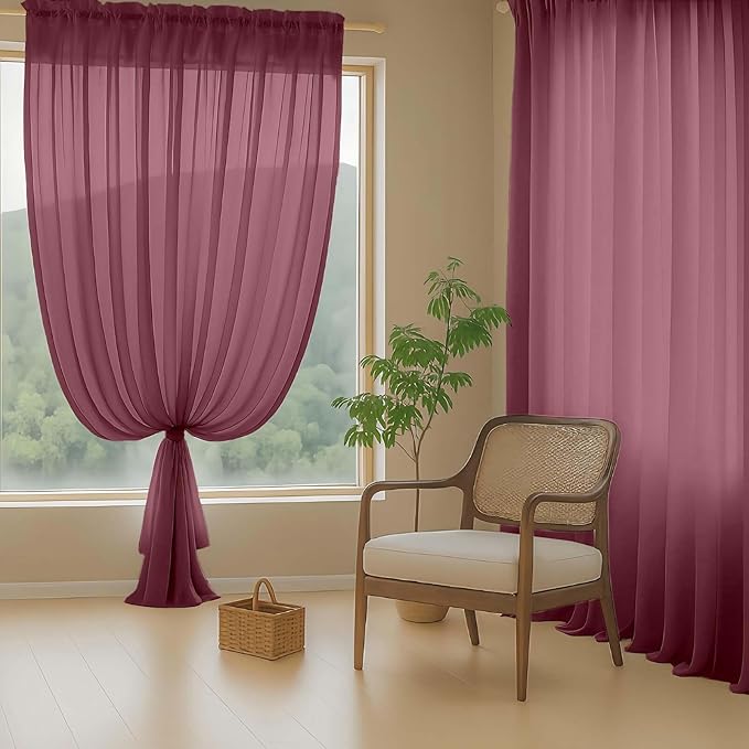 Burgundy Sheer Curtains 63 Inch Length 2 Panels, Voile Sheer Curtain for Christmas, Breathable Light Filtering Modern Window Treatments, Soft Fabric Dual Rod Pocket Panels, 2x42Wx63L Inches