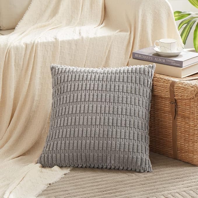 Fancy Homi 4 Packs Grey Decorative Throw Pillow Covers 20x20 Inch for Living Room Couch Bed Sofa, Modern Farmhouse Boho Home Decor, Soft Plush Corduroy Gray Square Cute Accent Cushion Case 50x50 cm