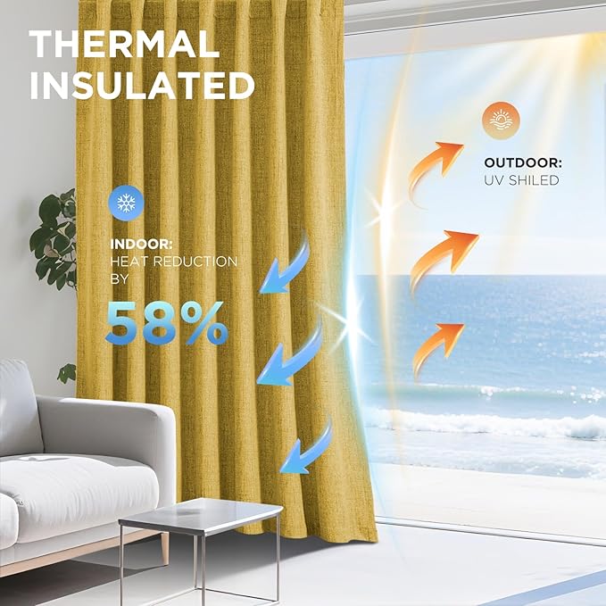 Joydeco Blackout Curtains for Bedroom - 120 Inch Long 100% Light Blocking 2 Panels Set Yellow Drapes, Thermal Insulated Room Darkening Curtains, Linen Textured for Living Room, Rod Pocket & Back Tabs