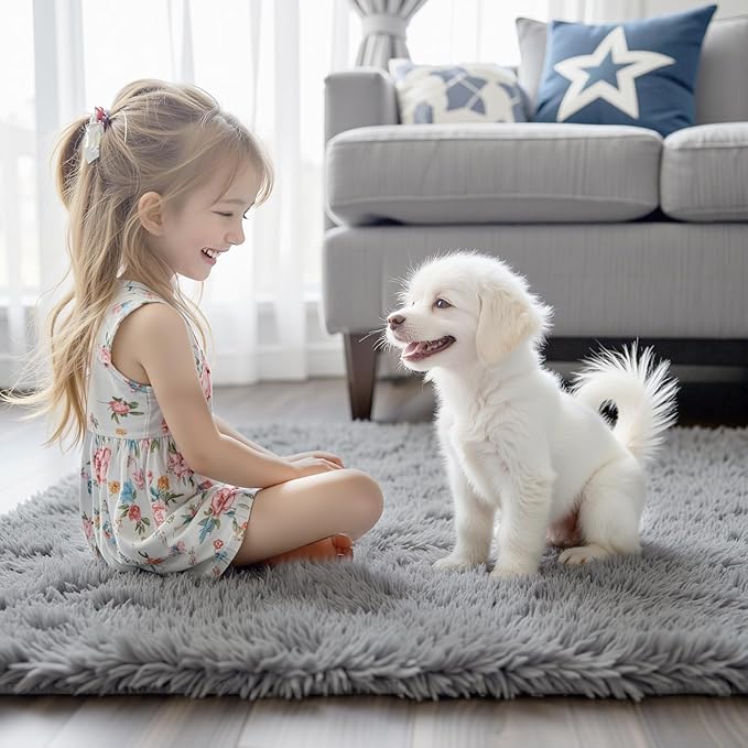 5x8 Feet Grey Fluffy Shag Area Rugs for Living Room, Modern Fluffy Shaggy Carpets for Teens Dorm Nursery Home, Non Slip Indoor Rugs Fuzzy Floor Carpet(5 x 8, Light Grey)
