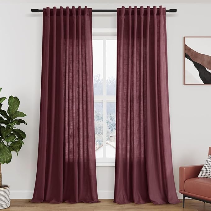 Nanspring Burgundy Linen 112 Inch Curtains for Living Room Light Filtering Semi Sheer Curtain Back Tab Vintage Boho Decor Elegant Drapes Floor to Ceiling High Window for Bedroom 52x112, 2 Panels