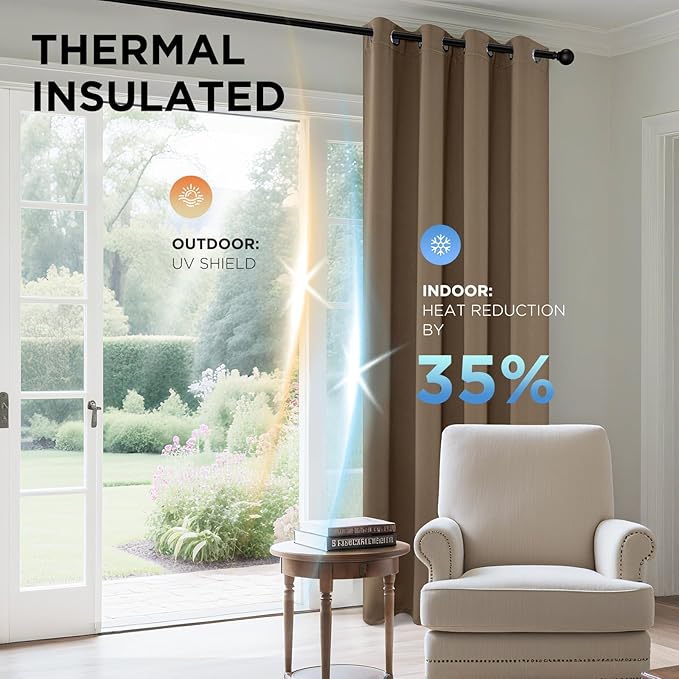 Joydeco Blackout Curtains 54 Inch Length 2 Panels Set, Thermal Insulated Long Curtains& Drapes 2 Burg, Room Darkening Grommet Drapes for Living Room Bedroom Window (W52 x L54 Inch, Khaki)