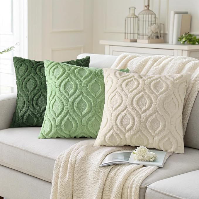 decorUhome Summer Throw Pillow Covers 20x20 Inch Set of 2, Soft Plush Faux Wool Light Sage Green Solid Couch Pillow Covers, Accent Farmhouse Neutral Square Pillow Cases for Sofa Bed Living Room