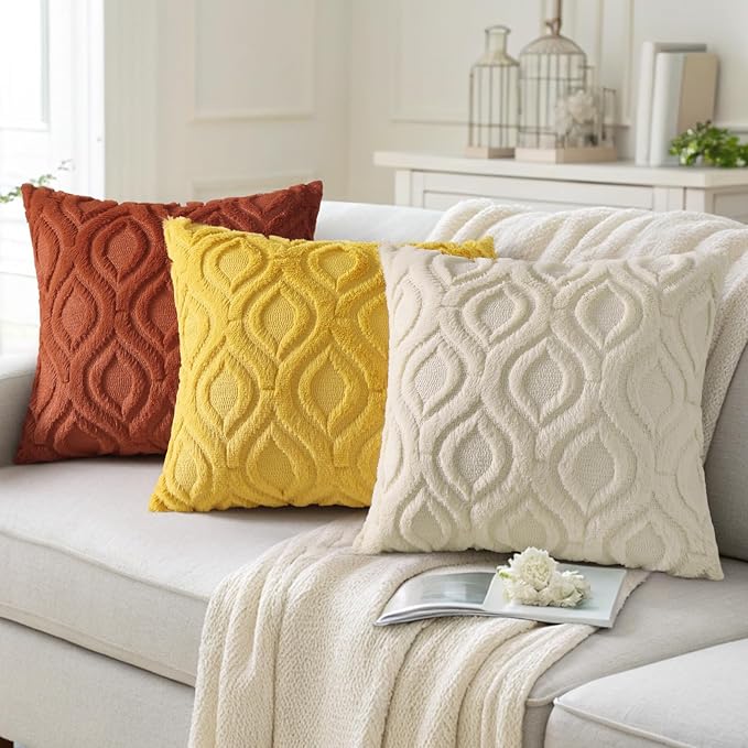 decorUhome Summer Throw Pillow Covers 16x16 Inch Set of 2, Soft Plush Faux Wool Mustard Yellow Solid Couch Pillow Covers, Accent Farmhouse Neutral Square Pillow Cases for Sofa Bed Living Room