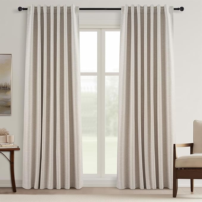 Topfinel Boho Black Out Linen Curtains 86 Inch Length 2 Panels Set for Bedroom Living Room Greige Insulating Winter Room Divider Curtains Neutral Burlap Drapes Pleated Back Tab