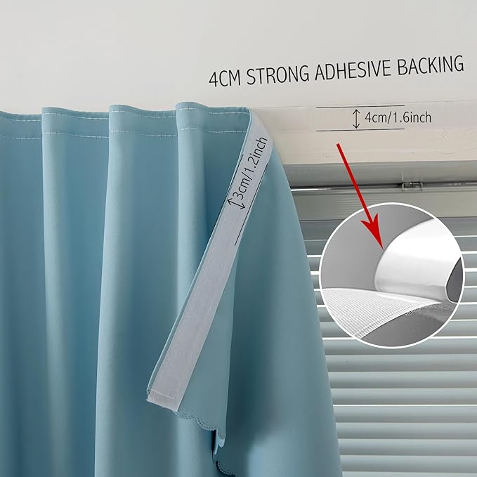 Self Adhesive Curtains, Black Out Shade for Window, Blackout Fabric Temporary Window Coverings Easy to Hang Curtains No Rod Needed, Use for Bedroom, Room, Kitchen, 35"W X 71"L, Lake Blue, 1 Panel