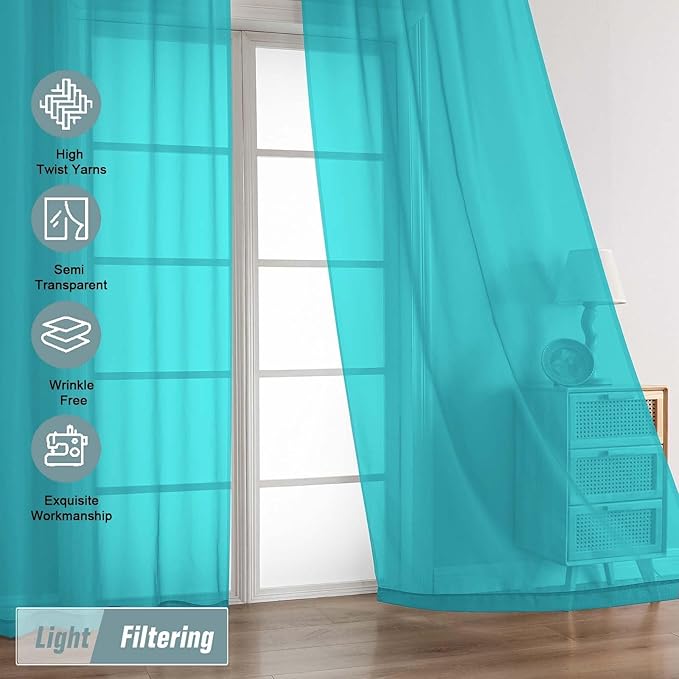 Turquoise Sheer Curtains 84 Inches Long 2 Panels, Elegant Airy Transparent Light Filtering Window Curtains, Window Drapes for Living Room Bedroom, Top Dual Rod Pocket Design, 2x42Wx84L Inches