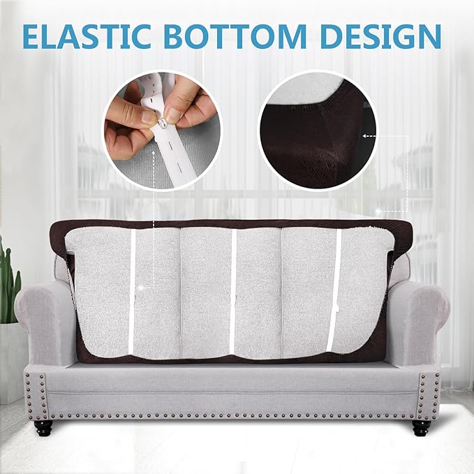 Leather Look Couch Cushion Covers Sofa Seat Slipcovers Sets Couches Furniture Protector for Sectional Armchair Loveseat Pets Kids Stretch Spandex Fabric (3 T-Cushion Sofa, Chocolate)