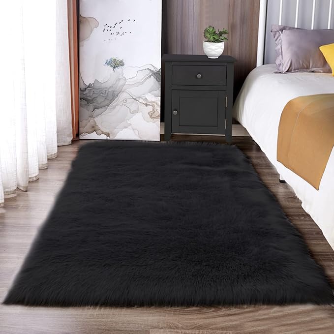 Latepis Black Rugs for Bedroom 3x5 Throw Rug Shag Washable Faux Fur Sheepskin Rug for Living Room Floor Plush Soft Rugs Cute Room Decor Rectangle