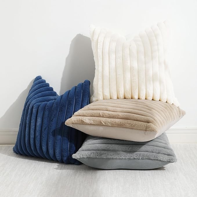 decorUhome Cozy Faux Fur Throw Pillow Covers 26x26 Set of 2 Decorative Soft Plush Striped Modern Farmhouse Boho Couch Euro Sham Pillow Cases with Velvet Back for Sofa Bed Living Room, Blue