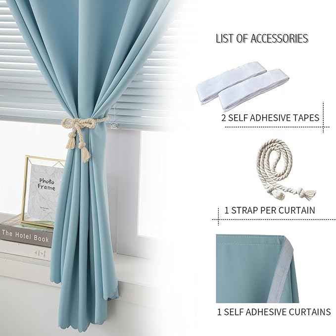 Self Adhesive Curtains, Black Out Shade for Window, Blackout Fabric Temporary Window Coverings Easy to Hang Curtains No Rod Needed, Use for Bedroom, Room, Kitchen, 35"W X 79"L, Lake Blue, 1 Panel
