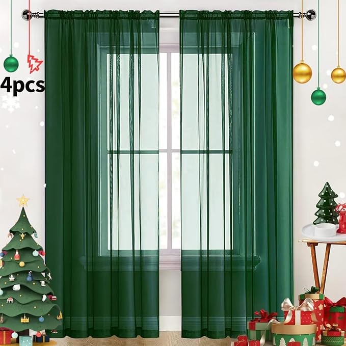 SpaceDresser Foliage Green Sheer Curtains 4 Panels Rod Pocket Semi-Sheer Curtain 84 Inches Long Light Filtering Voile Window Drapes for Bedroom Living Room Kitchen, Each 52W x 84L