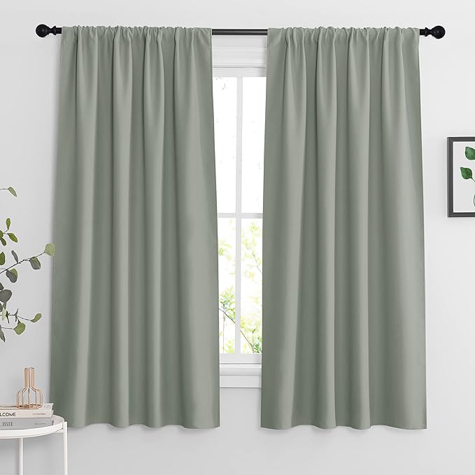 RYB HOME Blackout Curtains for Bedroom Living Room 63 inches Long, Thermal Insulated Privacy Rod Pocket Drapes for Nursery Office Home Theater, Width 42 by Length 63, Greyish Green, 2 Panels