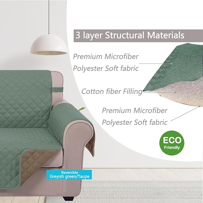 U-NICE HOME 4 Seater Sofa Cover 91 Inch Large Couch Covers for 4 Cushion Couch with Elastic Straps Water Resistant Furniture Protector Cover for Pets Cat (Sofa XX-Large, Greyish Green/Taupe)