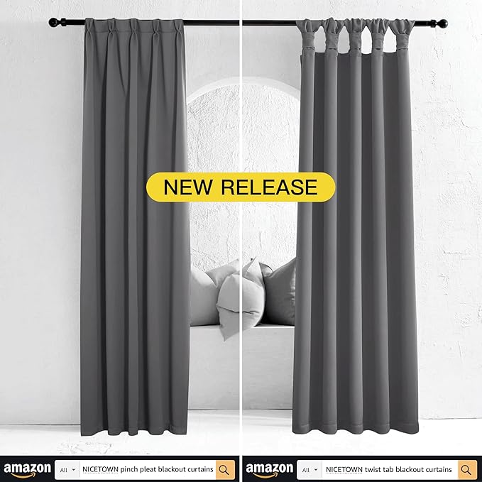NICETOWN 100% Blackout Curtains with Black Liners, Thermal Insulated Full Blackout 2-Layer Lined Curtains, Energy Efficiency Window Draperies for Dining Room (Grey, 2 Panels, 52-inch W by 45-inch L)