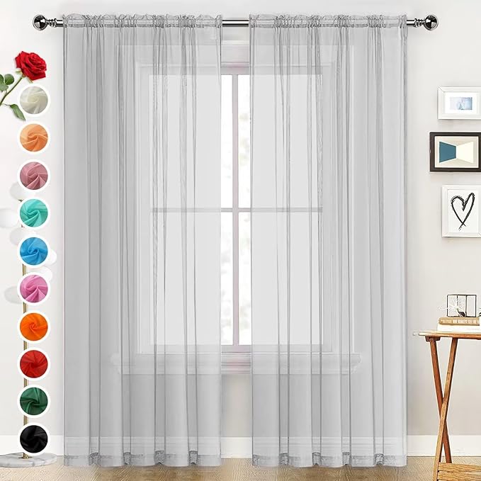 SpaceDresser Basic Rod Pocket Sheer Voile Window Curtain Panels Silver Grey 1 Pair 2 Panels 52 Width 63 Inch Long for Kitchen Bedroom Children Living Room Yard（Silver Grey, 52W x 63L）