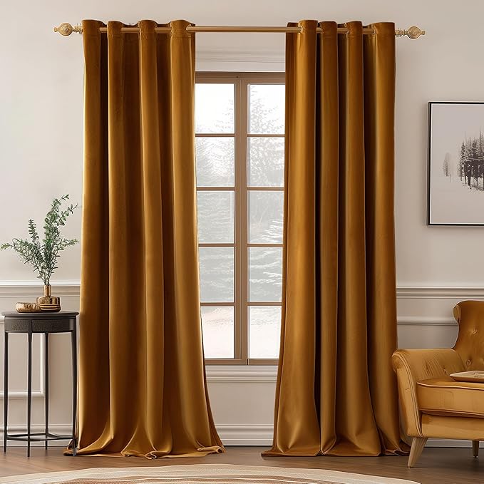 MIULEE Velvet Curtains Golden Brown Elegant Grommet Curtains Thermal Insulated Soundproof Room Darkening Curtains/Drapes for Classical Living Room Bedroom Decor 52 x 90 Inch Set of 2