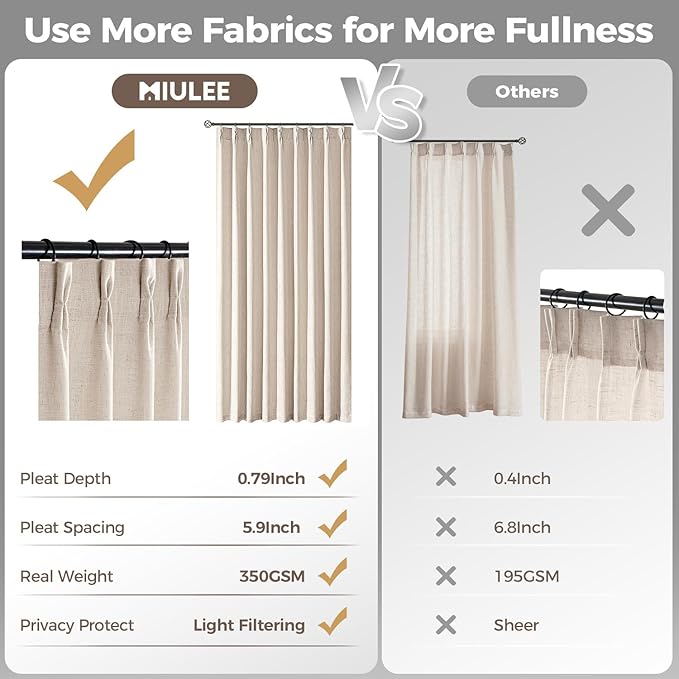 MIULEE Pinch Pleated Thick Linen Curtains 84 Inches Long 2 Panels for Living Room Bedroom, Linen Textured Memory Trained Drapes Pleat Back Tab Light Filtering Cream Ivory Window Curtains with Hooks