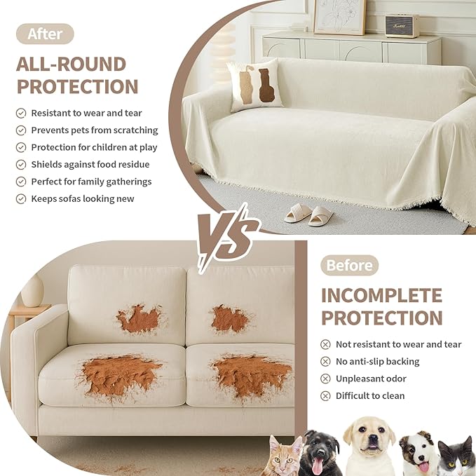 Couch Cover for Dogs, Boho Sofa Covers for 3 Cushion Couch, Chenille Sofa Slipcover for Pets Washable, L-Shape Sectional Couch Loveseat Cover Soft Throw Blankets with Tassels(71x118,Cream)