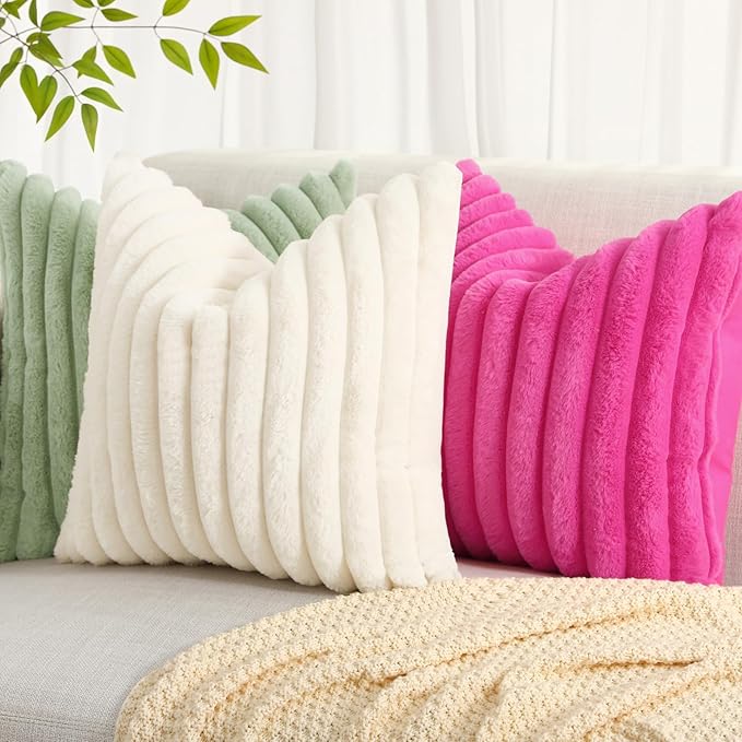 decorUhome Summer Cozy Faux Fur Throw Pillow Covers 26x26 Set of 2 Decorative Plush Striped Modern Farmhouse Boho Couch Euro Sham Pillow Cases with Velvet Back for Sofa Bed Living Room, Sage Green