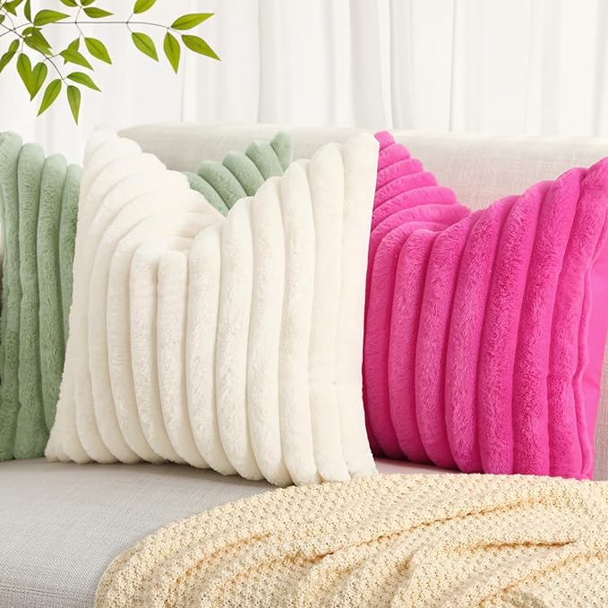decorUhome Summer Cozy Faux Fur Throw Pillow Covers 26x26 Set of 2 Decorative Soft Plush Striped Modern Farmhouse Boho Couch Euro Sham Pillow Cases with Velvet Back for Sofa Bed Living Room, Hot Pink