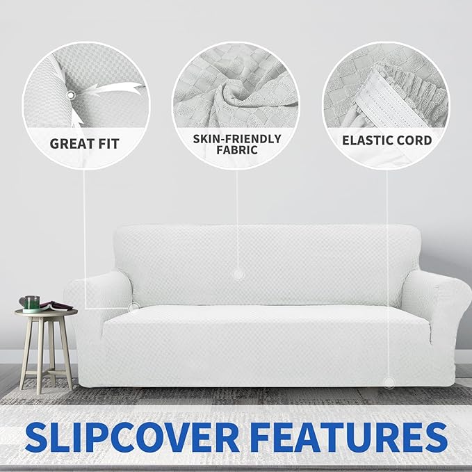 ZNSAYOTX 1 Piece Jacquard Couch Covers for 3 Cushion Couch High Stretch Sofa Cover for Pets Dogs Anti Slip Extra Large Sofa Slipcovers Furniture Protector (X-Large, White)