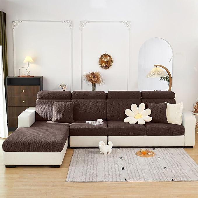Sofa Covers Couch Covers for Sofa Pet Friendly Couch Cushion Covers Universal Sofa Covers Washable Stretch Slipcovers for Sectional Sofa (Texture Brown, 3 Seats + Chaise Cover)