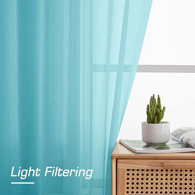 OWENIE Sheer Aqua Curtains for Bedroom Living Room 63 Inch Length 2 Panels Set, Modern Soft Solid Light Filtering Sheer Curtains for Dining Room, Rod Pocket Window Treatments, Aqua, 42" Wx63 L