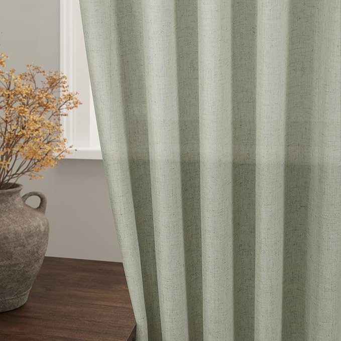 Sage Green Curtains 120 inches Long 2 panels for Living Room Back Tab Rod Pocket Semi Sheer Linen Drapes Neutral Room Decor Earth Tone Pale Green Curtains Ceiling to Floor Length for Diningroom