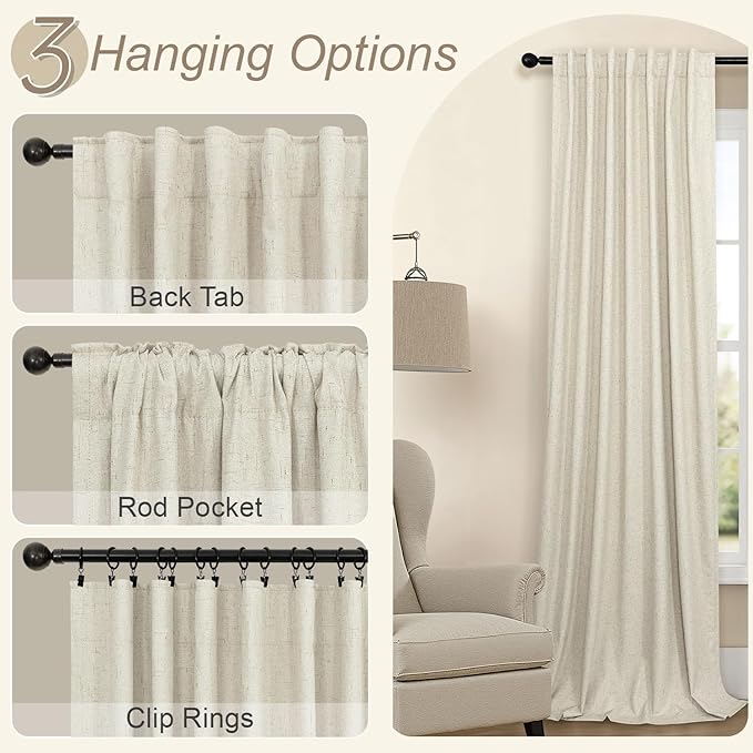 Pitalk 132 Inch Extra Long Living Room Curtains for Large Window Darkening Blackout Linen Drape Back Tab Pleated Black Out Floor to Ceiling Curtain for Patio Sliding Doors 11 FT Length 2 Panel Beige