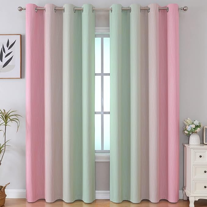 Estelar Textiler Sage Green and Pink Ombre Blackout Curtains 96 Inches Long for Bedroom, Thermal Insulated Full Light Blocking Grommet Gradient Blackout Drapes for Living Room, 52Wx96L, 2 Panels