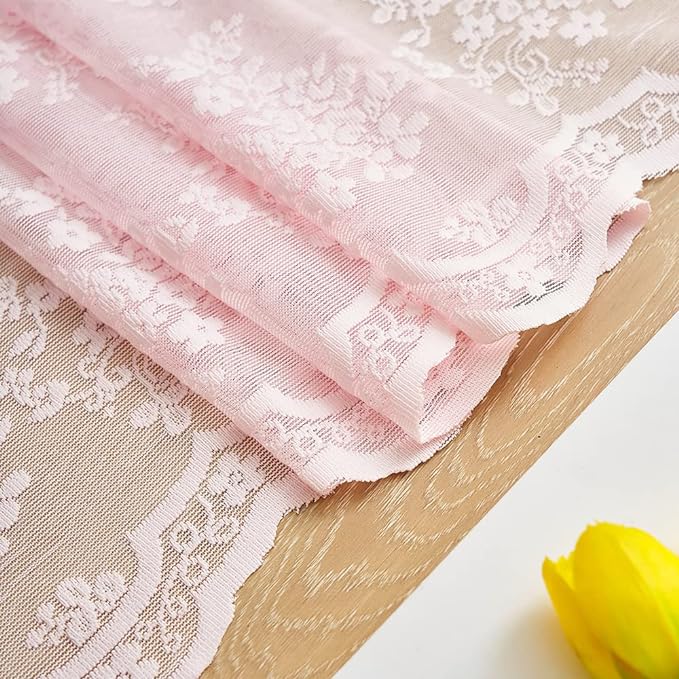 YJ YANJUN Vintage Lace Curtains 63 Inches Length- Cute Sheer Pink Curtains for Girls Bedroom Light Pink Floral Short Window Drapes Princess Girls Room Coquette Decor 2 Panels 52 x63 Inch