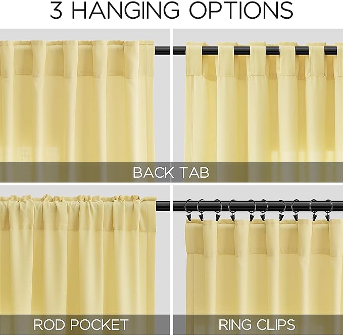 Nanspring Yellow Linen Boho Curtains for Bedroom Back Tab Rod Pocket Semi Sheer Linen Curtains 90 Inches Long 2 Panel Set Light Filtering Neutral Farmhouse Lightweight Drapes for Living Room 52x90