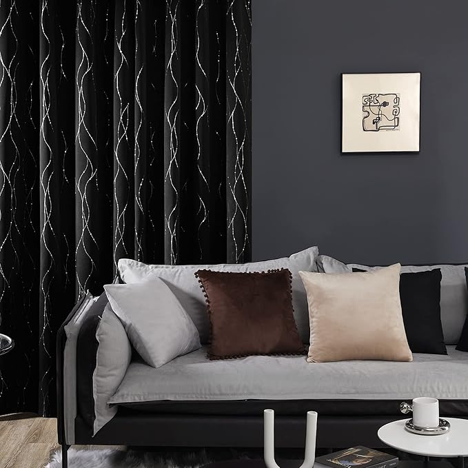 Deconovo Short Blackout Curtains, Black Drapes, Thermal Insulated Soundproof Grommet Curtain, Wave Line Dot Foil Print, 52 x 54 Inch, 2 Panels, Machine Washable Window Panel for Small Windows Kitchen