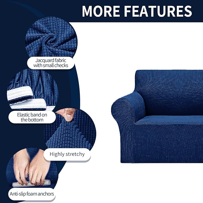 Cupuamon 2026 New Stretch Sofa Slipcovers Couch Cover for 3 Cushion Furniture Protector Sofa Covers with Elastic Bottom Jacquard Fabric Small Checks for Pets, Kids -Sofa, Classic Blue