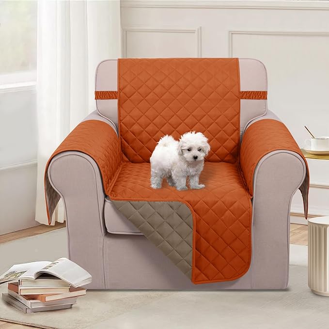 U-NICE HOME Reversible Oversized Chair Covers Quilted Water Repellent Pet Protectors with Elastic Straps(28''Armchair, Orange/Taupe)