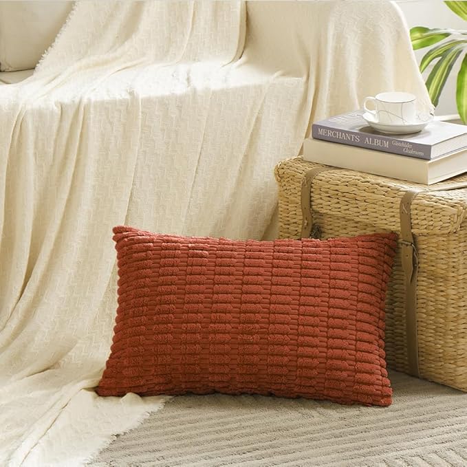 Fancy Homi 4 Packs Boho Burnt Orange Fall Decorative Throw Pillow Covers 14x24 Inch for Couch Bed Sofa, Rustic Modern Farmhouse Home Decor, Soft Plush Corduroy Cute Square Cushion Case 35x60 cm