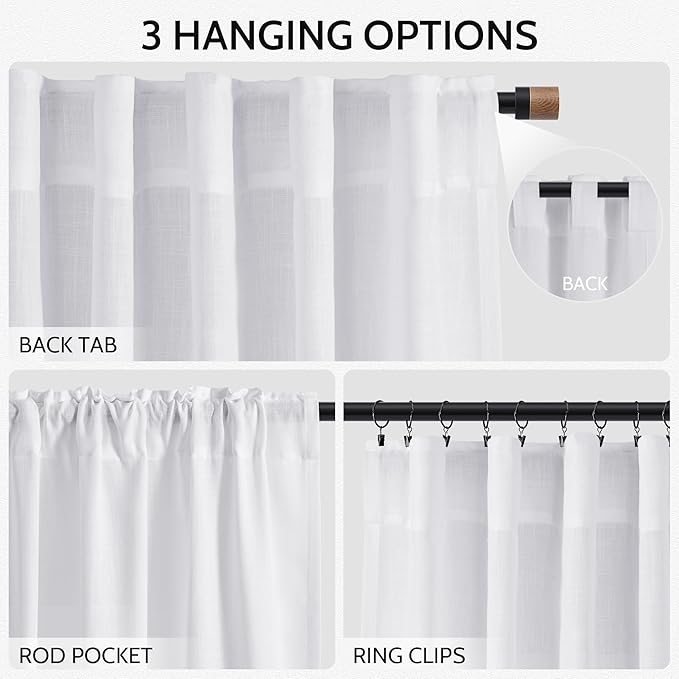 Snow White Linen Curtains 72 Inches Long for Living Room Light Filtering Semi Sheer Curtain Back Tab Luxury Neutral Coastal Modern Farmhouse Decor Drapes for Bedroom Dinner Room 52x72, 2 Panels
