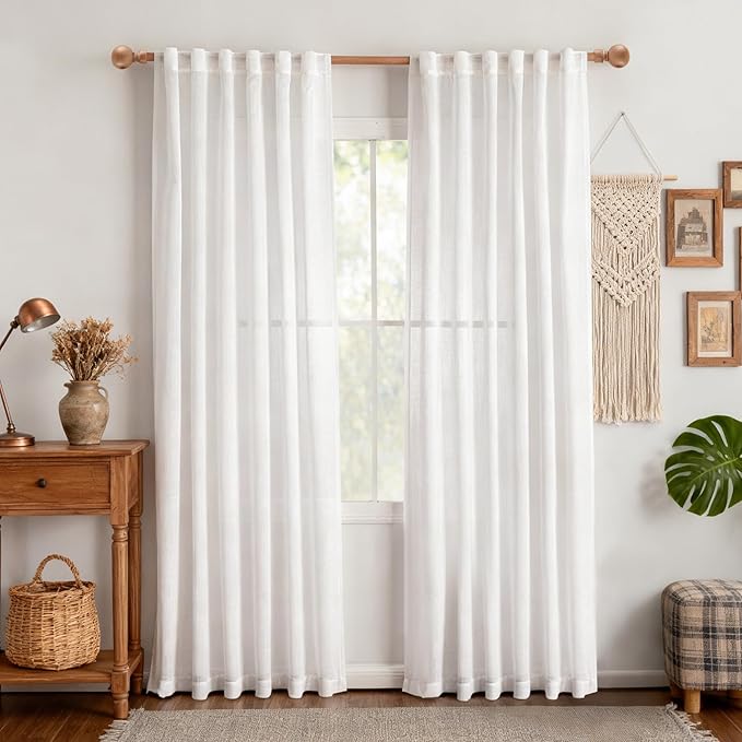 MYSKY HOME White Curtains for Beroom Liivng Room 84 Inch Length 2 Panels Set, Semi Sheer Cotton Blend Soft Touch Light Filtering Drapes for Doorways Sliding Glass Door, 50" Wide, White, 2 PCs