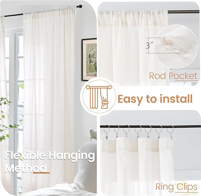 BGment Linen Semi Sheer Curtains 84 Inches Long 2 Panels Set for Living Room - Ivory Light Filtering Drapes with Rod Pocket Textured Lightweight Window Treatments for Bedroom, 52 X 84 Inch